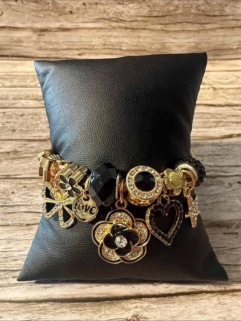 Gold and Black Floral Charm Bracelet - Women Jewelry Stainless Steel